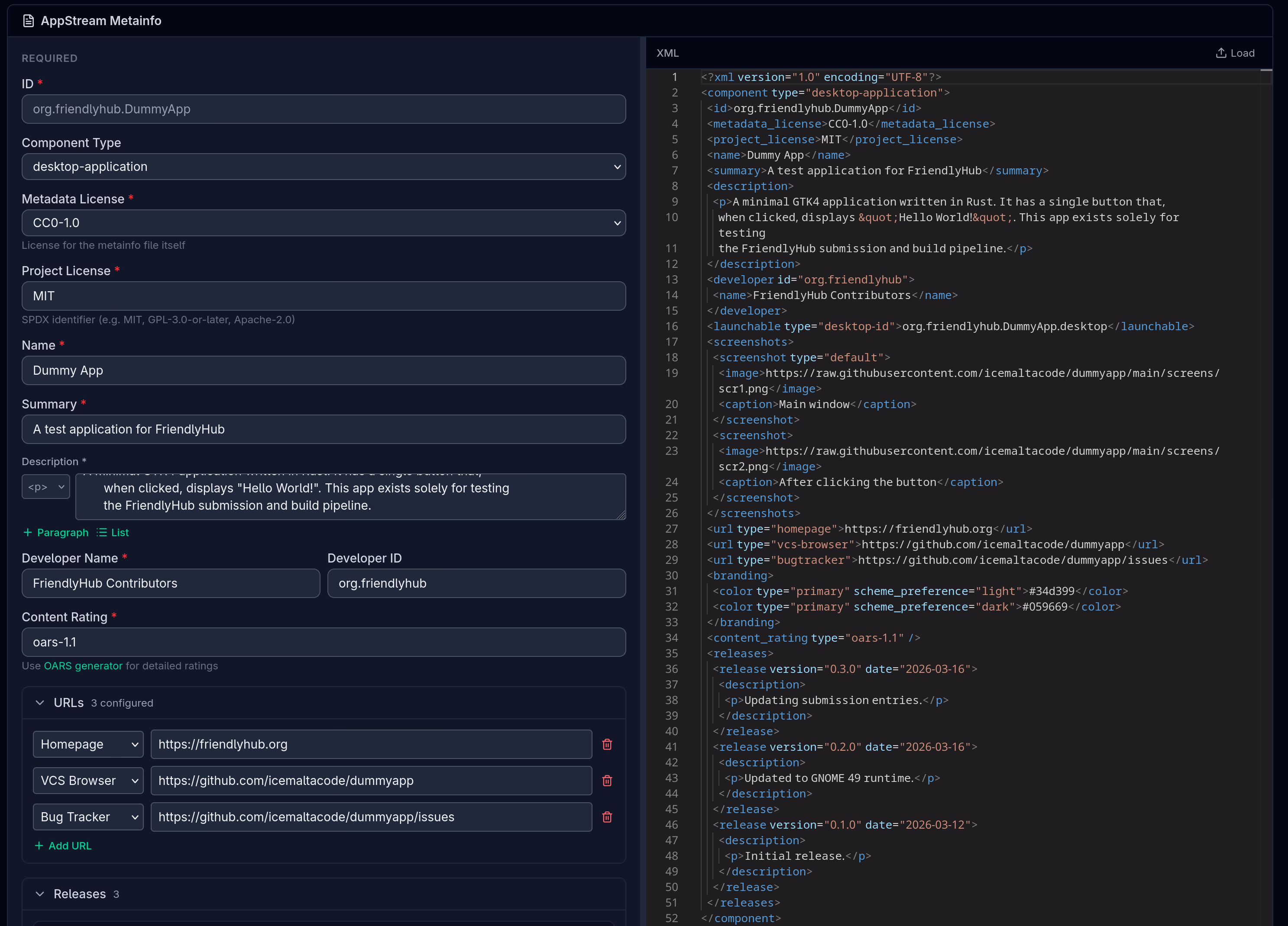 Interactive UI for submitting app metadata