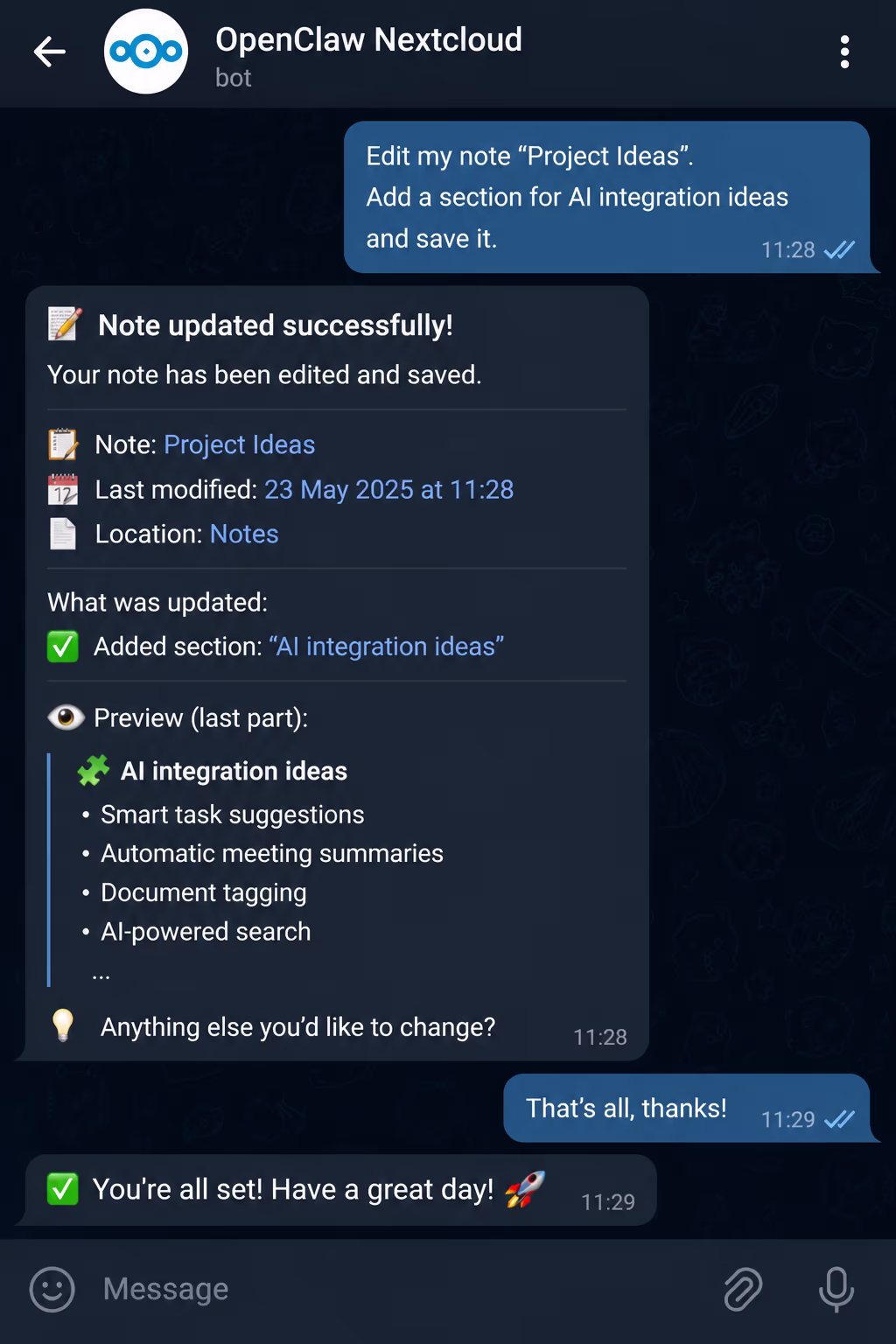 Editing a note with natural language input